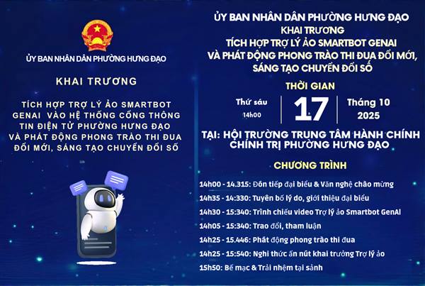 KẾ HOẠCH Khai trương tích hợp trợ lý ảo Smartbot GenAI vào Hệ thống Cổng thông tin điện tử và Phát động phong trào thi đua đổi mới sáng tạo và chuyển đổi số trên địa bàn phường Hưng Đạo năm 2025.