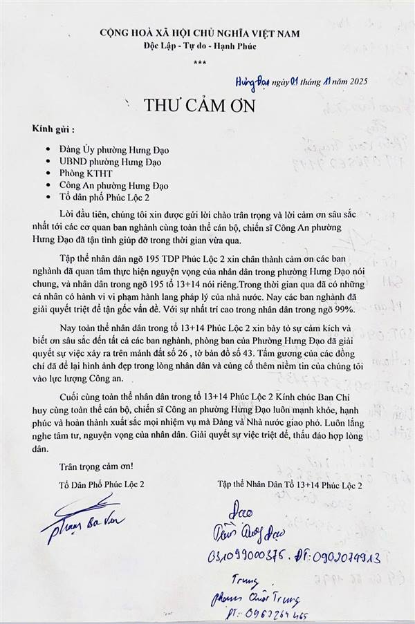 NGƯỜI DÂN GỬI THƯ CẢM ƠN ĐẢNG UỶ, UỶ BAN NHÂN DÂN, CÔNG AN PHƯỜNG HƯNG ĐẠO VỀ KẾT QUẢ XỬ LÝ VI PHẠM ĐẤT ĐAI, XÂY DỰNG TẠI NGÕ 195, ĐƯỜNG PHÚC LỘC, TỔ DÂN PHỐ PHÚC LỘC 2