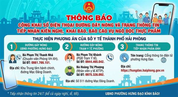 THÔNG BÁO Về việc công khai số điện thoại đường dây nóng và trang thông tin tiếp nhận kiến nghị, khai báo, báo cáo vụ ngộ độc thực phẩm
