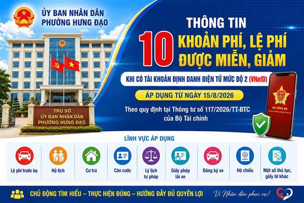 UBND PHƯỜNG HƯNG ĐẠO THÔNG TIN 10 KHOẢN PHÍ, LỆ PHÍ ĐƯỢC MIỄN, GIẢM KHI CÓ VNeID MỨC ĐỘ 2