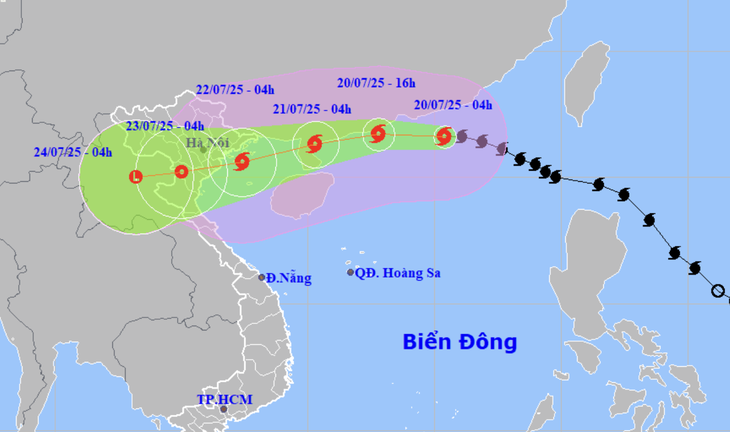 Dự báo vị trí và hướng di chuyển bão số 3 lúc 4h sáng 20-7 - Ảnh: NCHMF