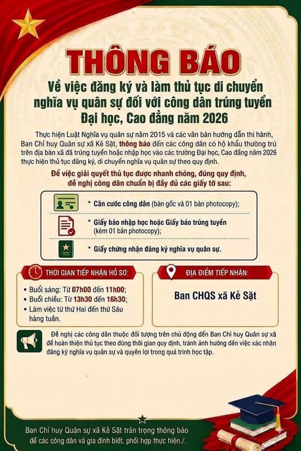 THÔNG BÁO VỀ VIỆC ĐĂNG KÝ DI CHUYỂN NGHĨA VỤ QUÂN SỰ ĐỐI VỚI NAM CÔNG DÂN TRÚNG TUYỂN VÀO CÁC TRƯỜNG ĐẠI HỌC, CAO ĐẲNG NĂM 2026.