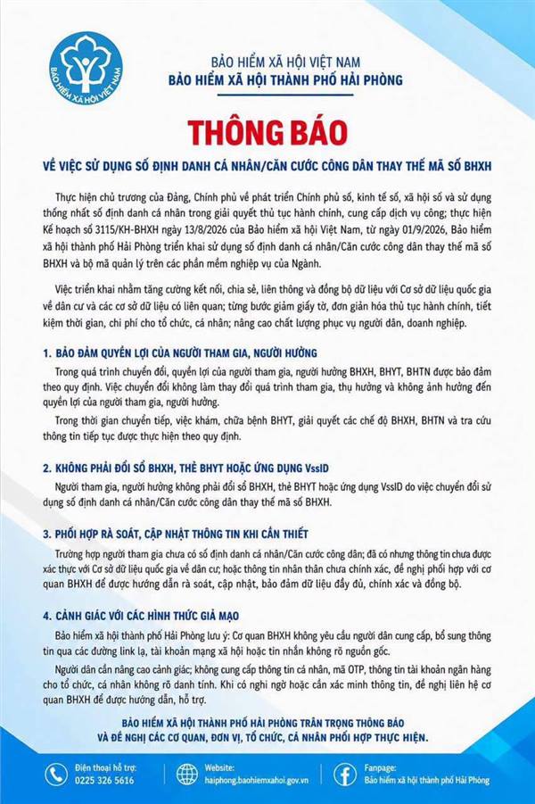 BHXH thành phố Hải Phòng thông báo về việc sử dụng số định danh cá nhân/CCCD thay thế mã số BHXH