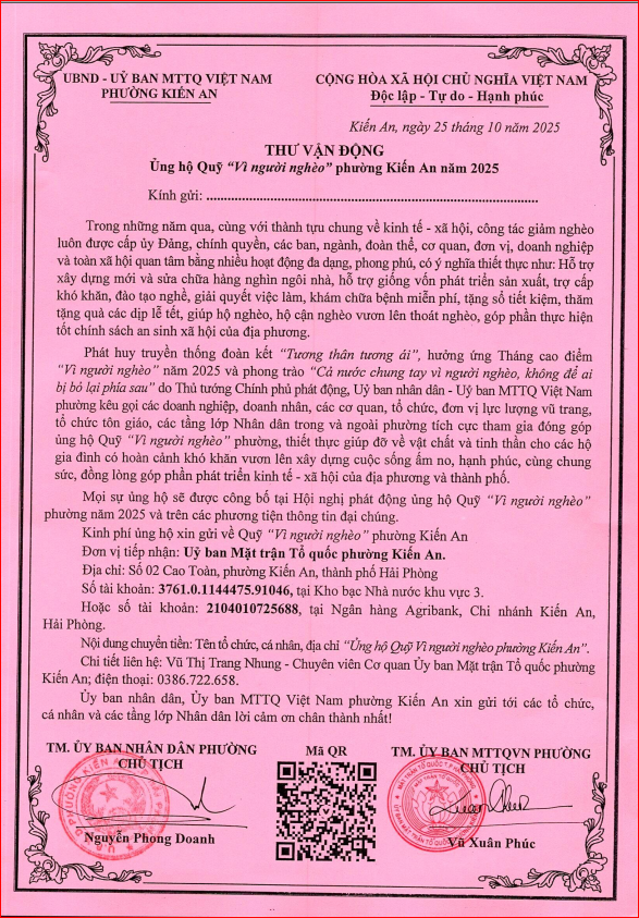 THƯ VẬN ĐỘNG ỦNG HỘ QUỸ '' VÌ NGƯỜI NGHÈO '' PHƯỜNG KIẾN AN NĂM 2025