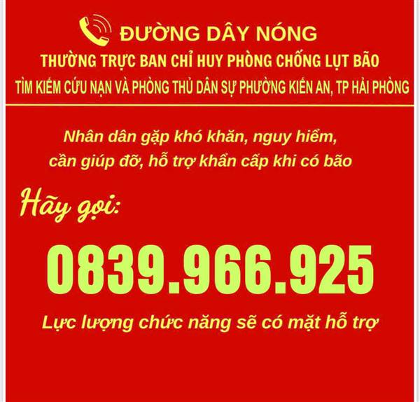 Đường dây nóng thường trực Ban chỉ huy phòng chống lụt bão tìm kiếm cứu nạn và phòng thủ dân sự phường Kiến An, TP Hải Phòng
