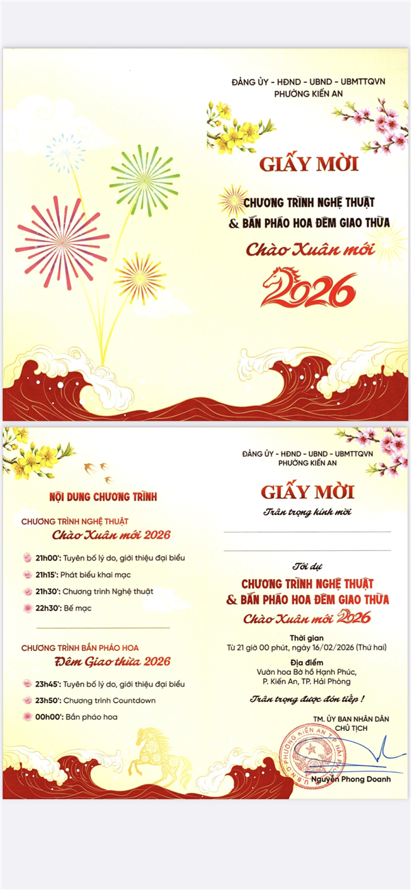 Phường Kiến An tổ chức Chương trình nghệ thuật “Kiến An chào Xuân Bính Ngọ 2026” và bắn pháo hoa đêm giao thừa Tết Nguyên đán Bính Ngọ năm 2026