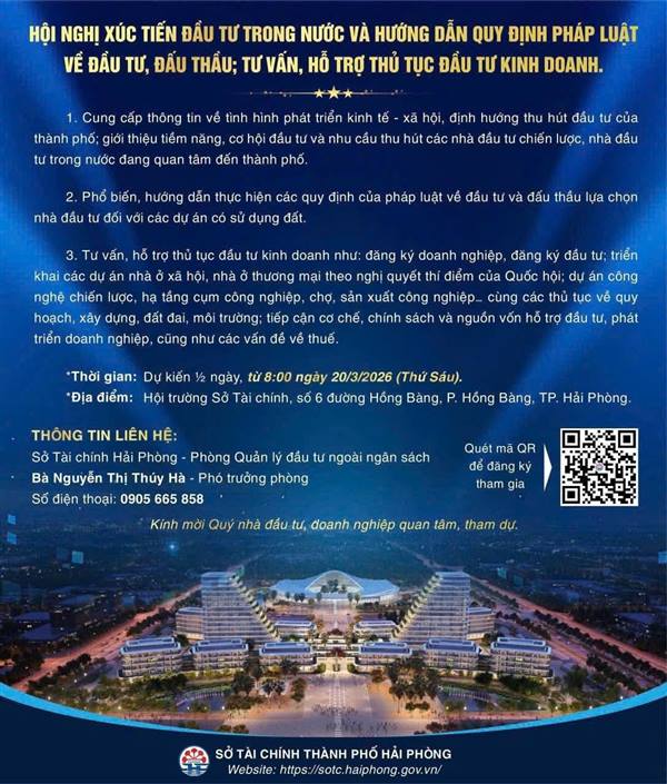 Hội nghị xúc tiến đầu tư trong nước và hướng dẫn quy định pháp luật về đầu tư, đấu thầu; tư vấn, hỗ trợ thủ tục đầu tư kinh doanh trên địa bàn thành phố Hải Phòng diễn ra vào ngày 20/3/2026