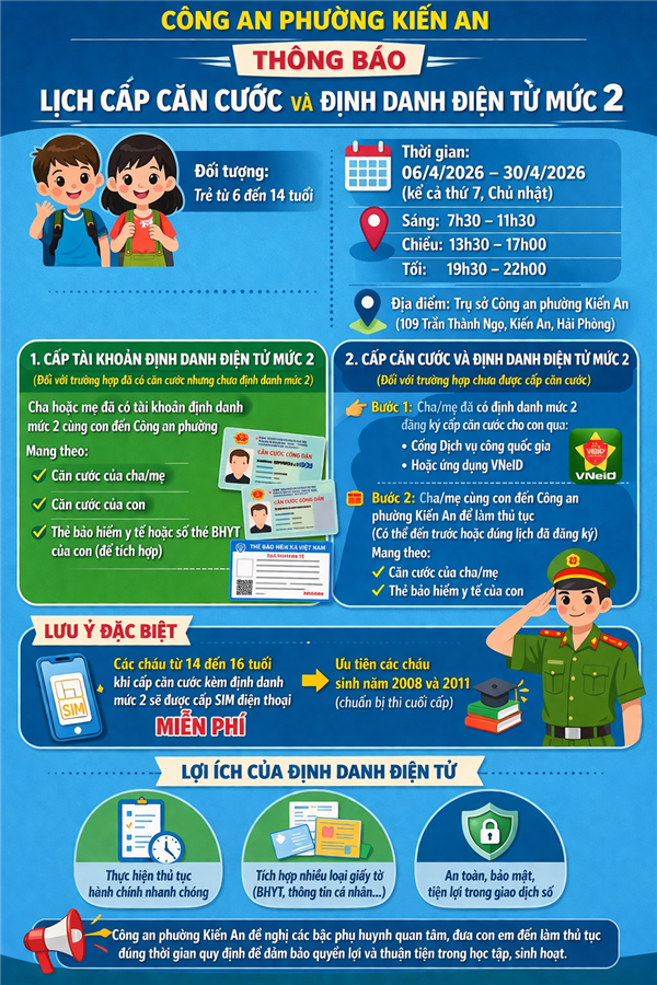 CÔNG AN PHƯỜNG KIẾN AN THÔNG BÁO LỊCH CẤP CĂN CƯỚC VÀ ĐỊNH DANH ĐIỆN TỬ MỨC 2