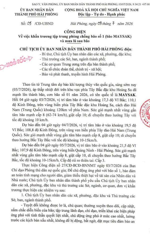 Công điện số 05/CĐ-UBND ngày 03/7/2026 của Chủ tịch UBND thành phố về việc khẩn trương tập trung phòng chống con bão số 1 (bão MAYSAK) và mưa lũ sau bão.