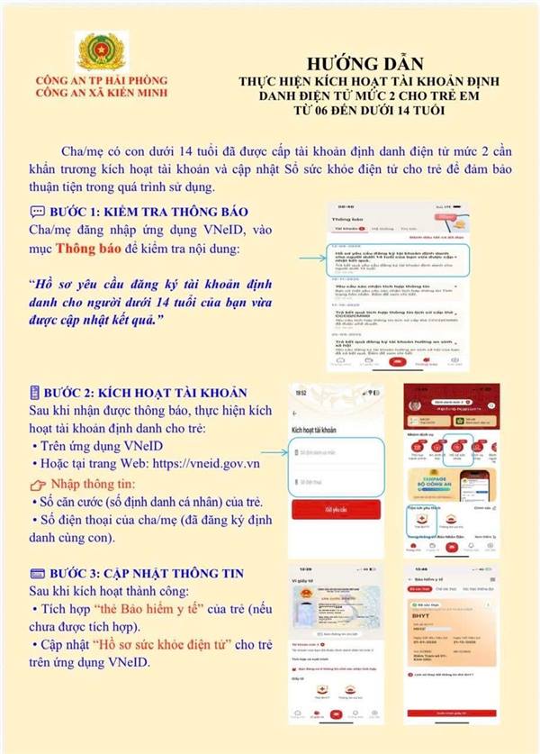 Hướng dẫn thực hiện kích hoạt tài khoản định danh điện tử mức 2 cho trẻ em từ 06 đến dưới 14 tuổi