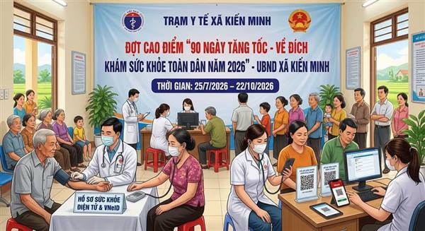 UBND xã Kiến Minh triển khai Đợt cao điểm "90 ngày tăng tốc - Về đích khám sức khỏe toàn dân năm 2026", diễn ra từ ngày 25/7/2026 đến hết ngày 22/10/2026.