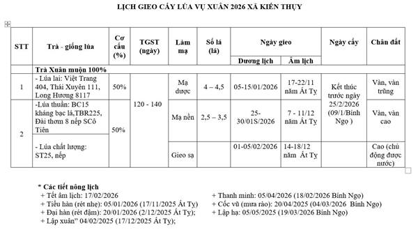 Thông báo cơ cấu giống lúa và lịch gieo cấy vụ xuân năm 2026