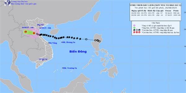 Bão số 5 chuyển sang khu vực Trung Lào và suy yếu thành áp thấp nhiệt đới.
