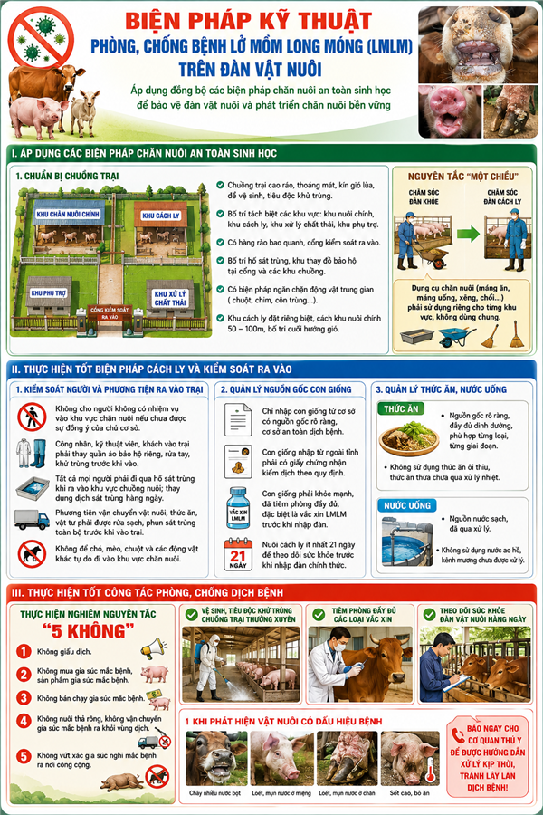 Một số biện pháp kỹ thuật phòng, chống bệnh Lở mồm long móng trên đàn vật nuôi