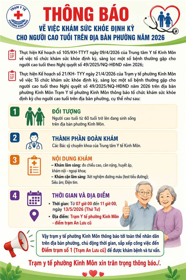 THÔNG BÁO Về việc khám sức khỏe định kỳ cho người cao tuổi trên địa bàn phường năm 2026