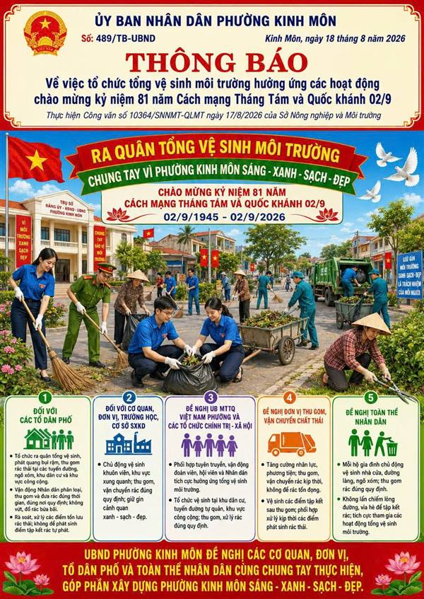THÔNG BÁO Về việc tổ chức tổng vệ sinh môi trường hưởng ứng các hoạt động chào mừng kỷ niệm 81 năm Cách mạng Tháng Tám và Quốc khánh 02/9