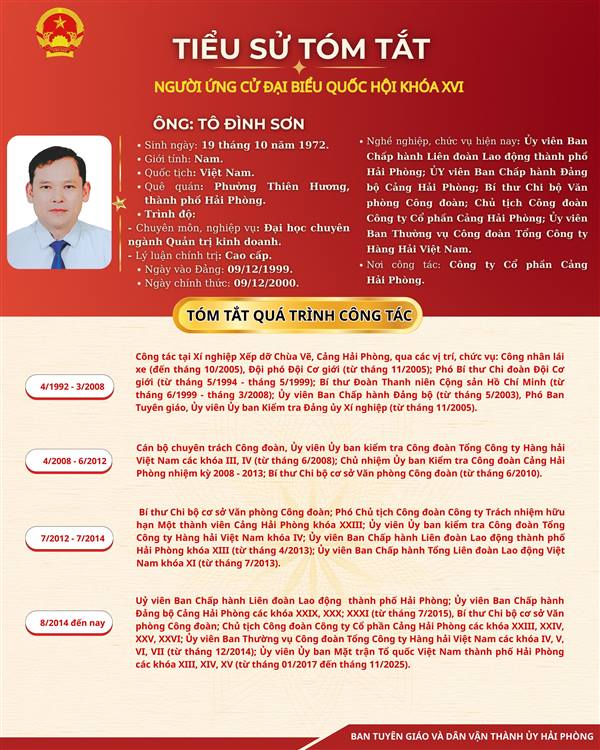 GIỚI THIỆU TIỂU SỬ TÓM TẮT ÔNG TÔ ĐÌNH SƠN, ỦY VIÊN BTVCĐ TỔNG CÔNG TY HÀNG HẢI VIỆT NAM, NGƯỜI ỨNG CỬ ĐẠI BIỂU QUỐC HỘI KHÓA XVI
