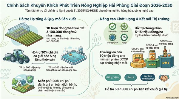 Hội đồng nhân dân thành phố Hải Phòng đã thông qua Nghị quyết số 51/2025 về quy định cơ chế, chính sách khuyến khích phát triển sản xuất nông nghiệp hàng hóa tập trung trên địa bàn thành phố giai đoạn 2026–2030.