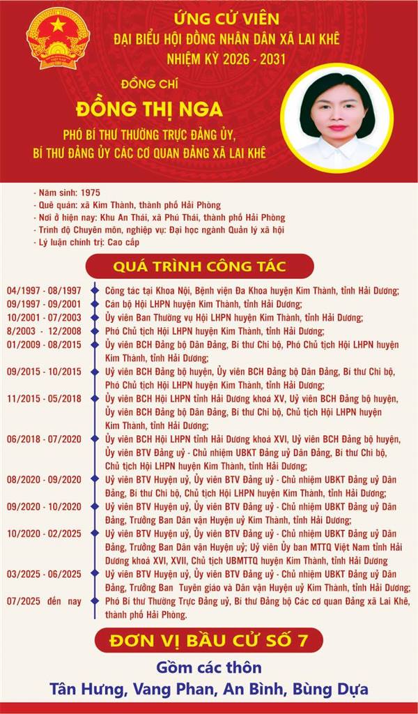 Trân trọng giới thiệu đồng chí Đồng Thị Nga – Phó Bí thư Thường trực Đảng ủy, Bí thư Đảng ủy các cơ quan Đảng xã Lai Khê ứng cử Đại biểu HĐND xã Lai Khê nhiệm kỳ 2026-2031 tại đơn vị bầu cử số 7 gồm các thôn Tân Hưng, Vang Phan, An Bình, Bùng Dựa