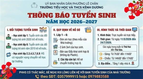 TRƯỜNG TIỂU HỌC VÀ THCS KÊNH DƯƠNG TUYỂN SINH NĂM HỌC 2026–2027