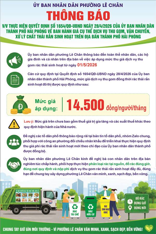 PHƯỜNG LÊ CHÂN THÔNG BÁO MỨC GIÁ DỊCH VỤ THU GOM RÁC THẢI SINH HOẠT MỚI TỪ NGÀY 01/5/2026