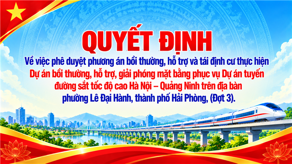 QUYẾT ĐỊNH 
Về việc phê duyệt phương án bồi thường, hỗ trợ và tái định cư thực hiện  
Dự án bồi thường, hỗ trợ, giải phóng mặt bằng phục vụ Dự án tuyến  
đường sắt tốc độ cao Hà Nội – Quảng Ninh trên địa bàn  
phường Lê Đại Hành, thành phố Hải Phòng, (Đợt 3). 