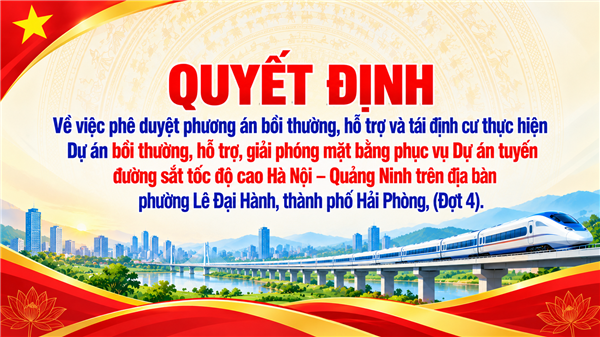 QUYẾT ĐỊNH 
Về việc phê duyệt phương án bồi thường, hỗ trợ và tái định cư thực hiện  
Dự án bồi thường, hỗ trợ, giải phóng mặt bằng phục vụ Dự án tuyến  
đường sắt tốc độ cao Hà Nội – Quảng Ninh trên địa bàn  
phường Lê Đại Hành, thành phố Hải Phòng, (Đợt 4).
