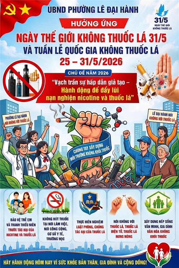 Ủy ban nhân dân phường Lê Đại Hành hưởng ứng ngày Thế giới không thuốc lá và tuần lễ Quốc gia không thuốc lá 25 - 31/5/2026
