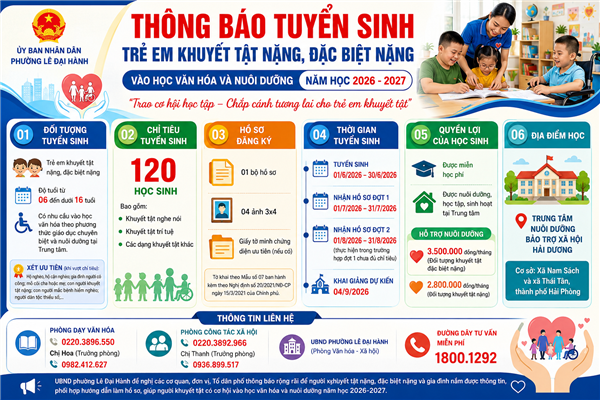 THÔNG BÁO 
Về việc tuyển sinh và tiếp nhận hồ sơ đối với trẻ em khuyết tật nặng, đặc 
biệt nặng đề nghị vào học văn hóa và nuôi dưỡng năm học 2026-2027 