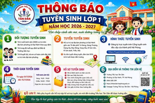 THÔNG BÁO TUYỂN SINH LỚP 1 TRƯỜNG TIỂU HỌC TÂN DÂN