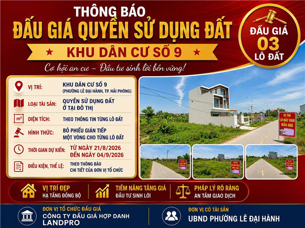Thông báo đấu giá quyền sử dụng đất khu dân cư số 9