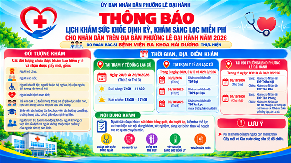 THÔNG BÁO
Lịch khám sức khỏe định kỳ, khám sàng lọc miễn phí cho
Nhân dân trên địa bàn phường Lê Đại Hành năm 2026
