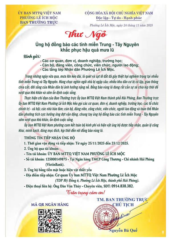 UBMTTQ Việt Nam Phường Lê Ích Mộc kêu gọi chung tay hướng về miền Trung – Tây Nguyên 
