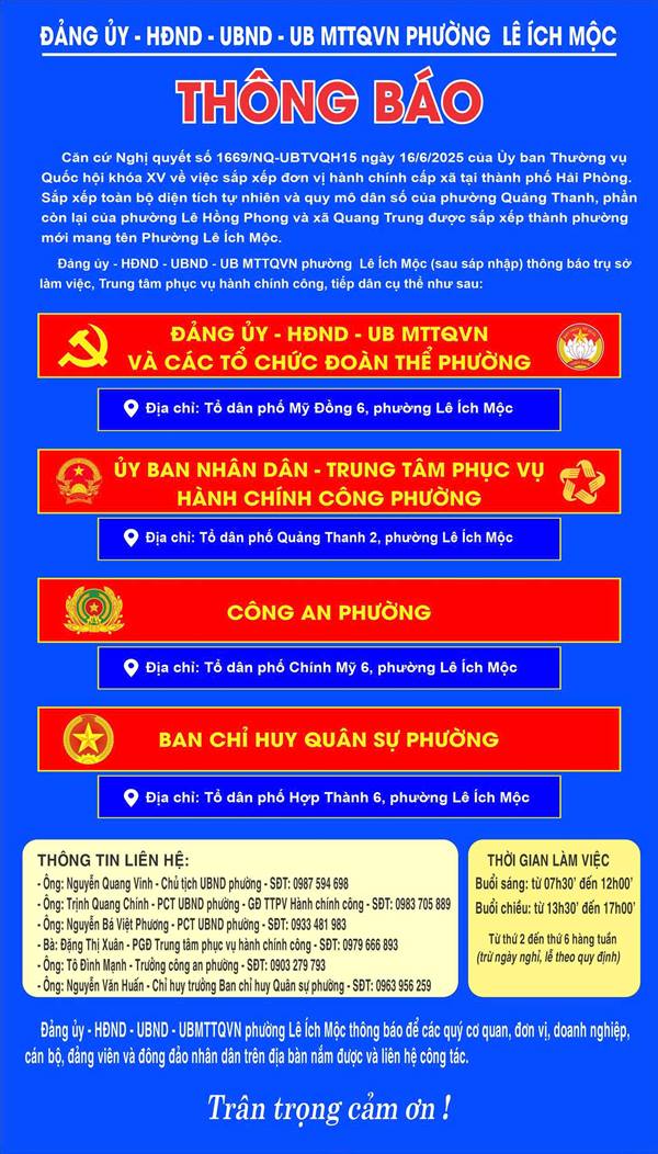Thông báo Trụ sở làm việc mới phường Lê Ích Mộc