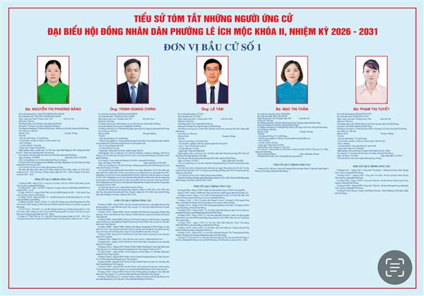 Tiểu sử tóm tắt của người ứng cử Đại biểu Hội đồng nhân dân Phường Lê Ích Mộc, nhiệm kỳ 2026 - 2031. Đơn vị Bầu cử số 1 gồm các Tổ dân phố Mỹ Đồng  1, 2, 3, 4, 5, 6