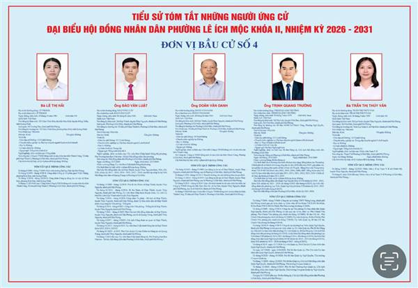 Tiểu sử tóm tắt của người ứng cử Đại biểu Hội đồng nhân dân Phường Lê Ích Mộc, nhiệm kỳ 2026 - 2031. Đơn vị Bầu cử số 4 gồm các Tổ dân phố Hợp Thành 1, 2, 3, 4, 5, 6, 7