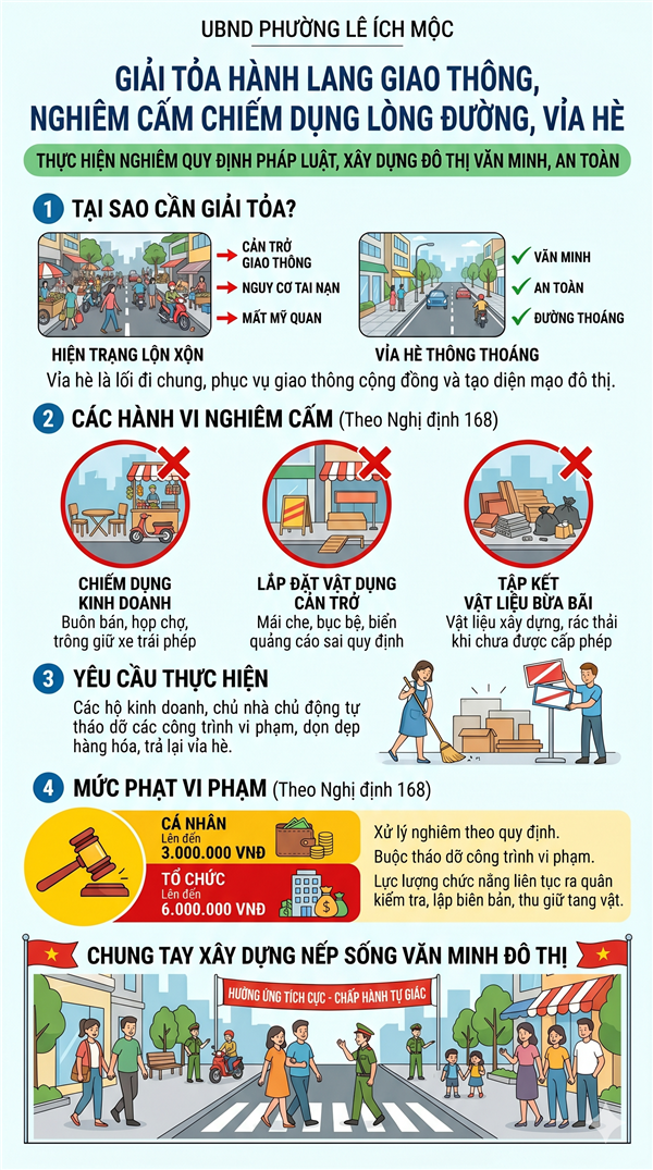 Ủy ban nhân dân Phường Lê Ích Mộc thông báo về việc nghiêm cấm chiếm dụng lòng đường, vỉa hè để kinh doanh, buôn bán và tập kết vật dụng trái phép
