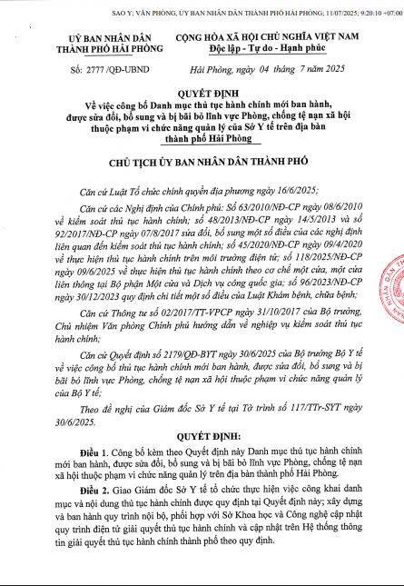 Công bố danh mục TTHC mới ban hành được sửa đổi, bổ sung và bị bãi bỏ lĩnh vực Phòng chống tệ nạn xã hội thuộc phạm vi chức năng quản lý của Sở Y tế trên địa bàn thành phố Hải Phòng