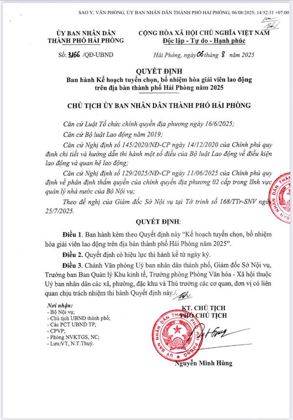 Quyết định Ban hành Kế hoạch tuyển chọn, bổ nhiệm hòa giải viên lao động trên địa bàn thành phố Hải Phòng năm 2025