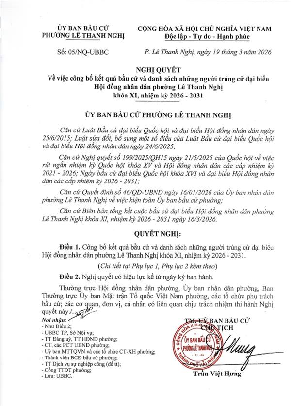 📢 Công bố kết quả bầu cử và danh sách những người trúng cử Đại biểu Hội đồng nhân dân phường Lê Thanh Nghị khóa XI, nhiệm kỳ 2026-2031