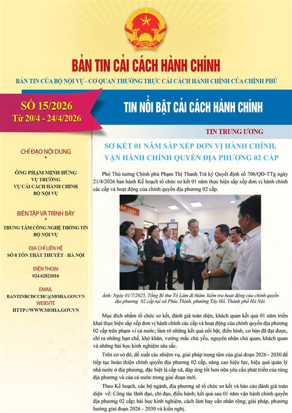 Bản tin điện tử cải cách hành chính số 15/2026, từ ngày 20/4/2026 đến ngày 24/4/2026.