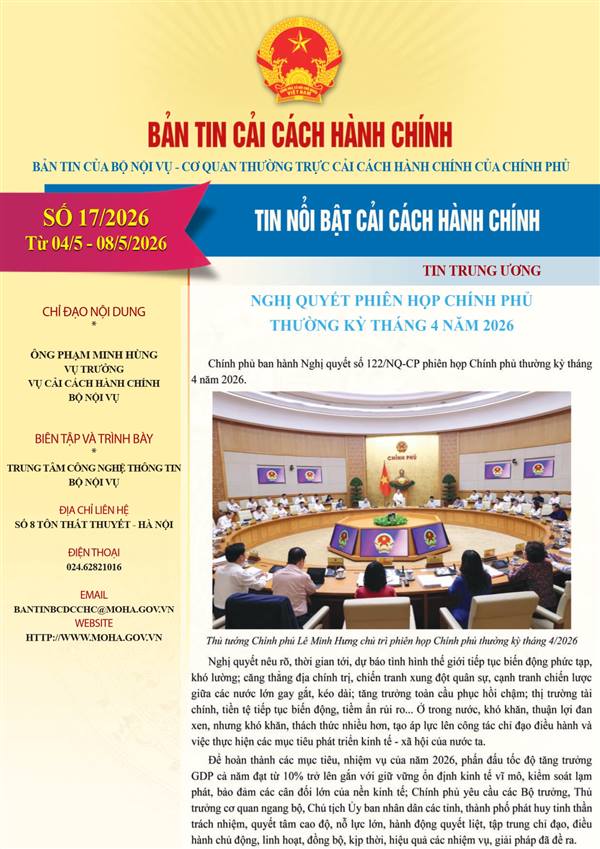 Bản tin điện tử cải cách hành chính số 17/2026, từ ngày 04/5/2026 đến ngày 08/5/2026.