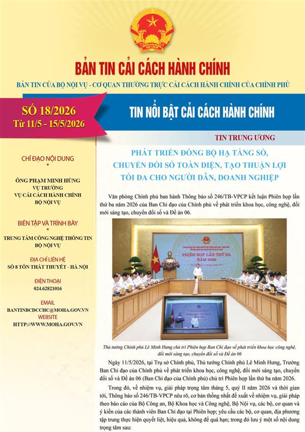 Bản tin điện tử cải cách hành chính số 18/2026, từ ngày 11/5/2026 đến ngày 15/5/2026