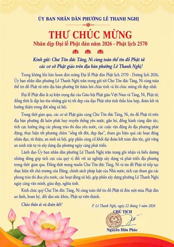 Thư Chúc mừng nhân dịp Đại lễ Phật đạn 2026 - Phật lịch 2570