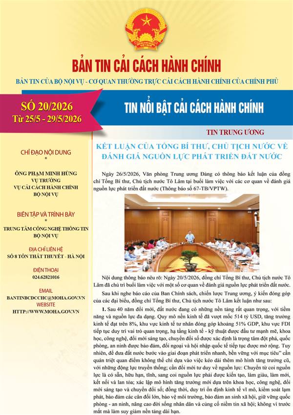 Bản tin điện tử cải cách hành chính số 20/2026, từ ngày 25/5/2026 đến ngày 29/5/2026.