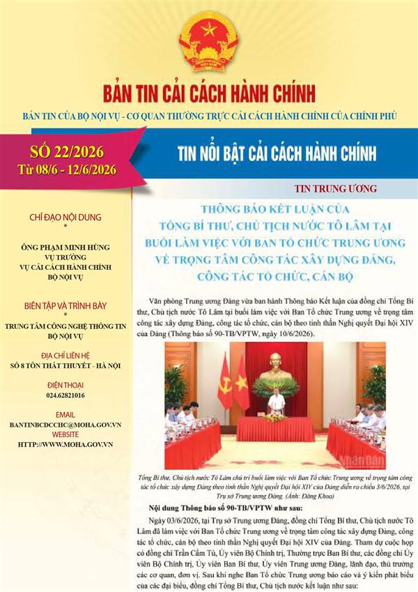 Bản tin điện tử cải cách hành chính số 22/2026, từ ngày 08/6/2026 đến ngày 12/6/2026.
