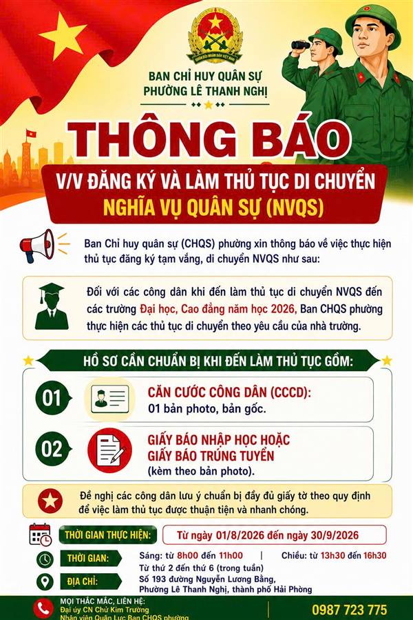 Thông báo về việc đăng ký và làm thủ tục di chuyển nghĩa vụ quân sự đối với nam công dân nhập học năm 2026
