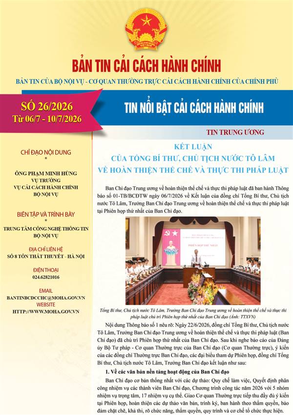 Bản tin điện tử cải cách hành chính số 26/2026, từ ngày 06/7/2026 đến ngày 10/7/2026.
