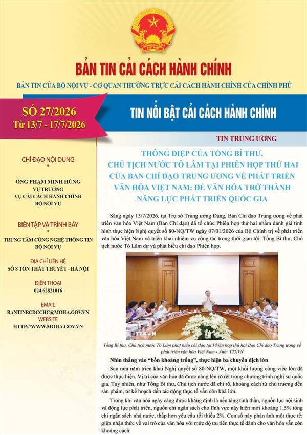Bản tin điện tử cải cách hành chính số 27/2026, từ ngày 13/7/2026 đến ngày 17/7/2026.
