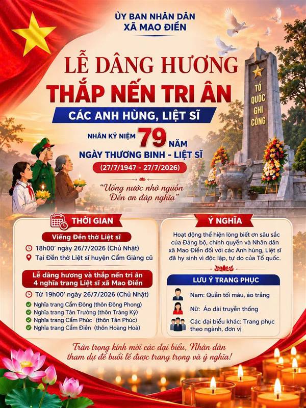 THÔNG BÁO LỊCH “ LỄ DÂNG HƯƠNG – THẮP NẾN TRI ÂN CÁC ANH HÙNG, LIỆT SĨ” NHÂN KỶ NIỆM 79 NĂM NGÀY THƯƠNG BINH – LIỆT SĨ (27/7/1947 – 27/7/2026).
